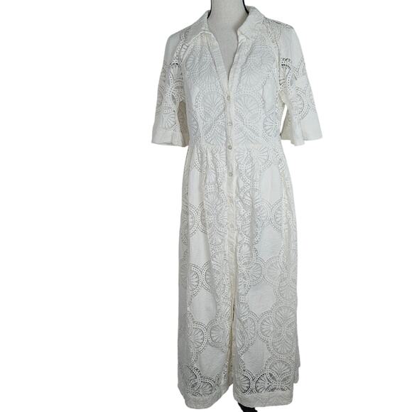 Anthropologie Maeve Eyelet Lace Dress Womens 12 White Open Back Boho Cottagecore Anthropologie Maeve Eyelet Lace Dress Womens 12 White Open Back Boho Cottagecore